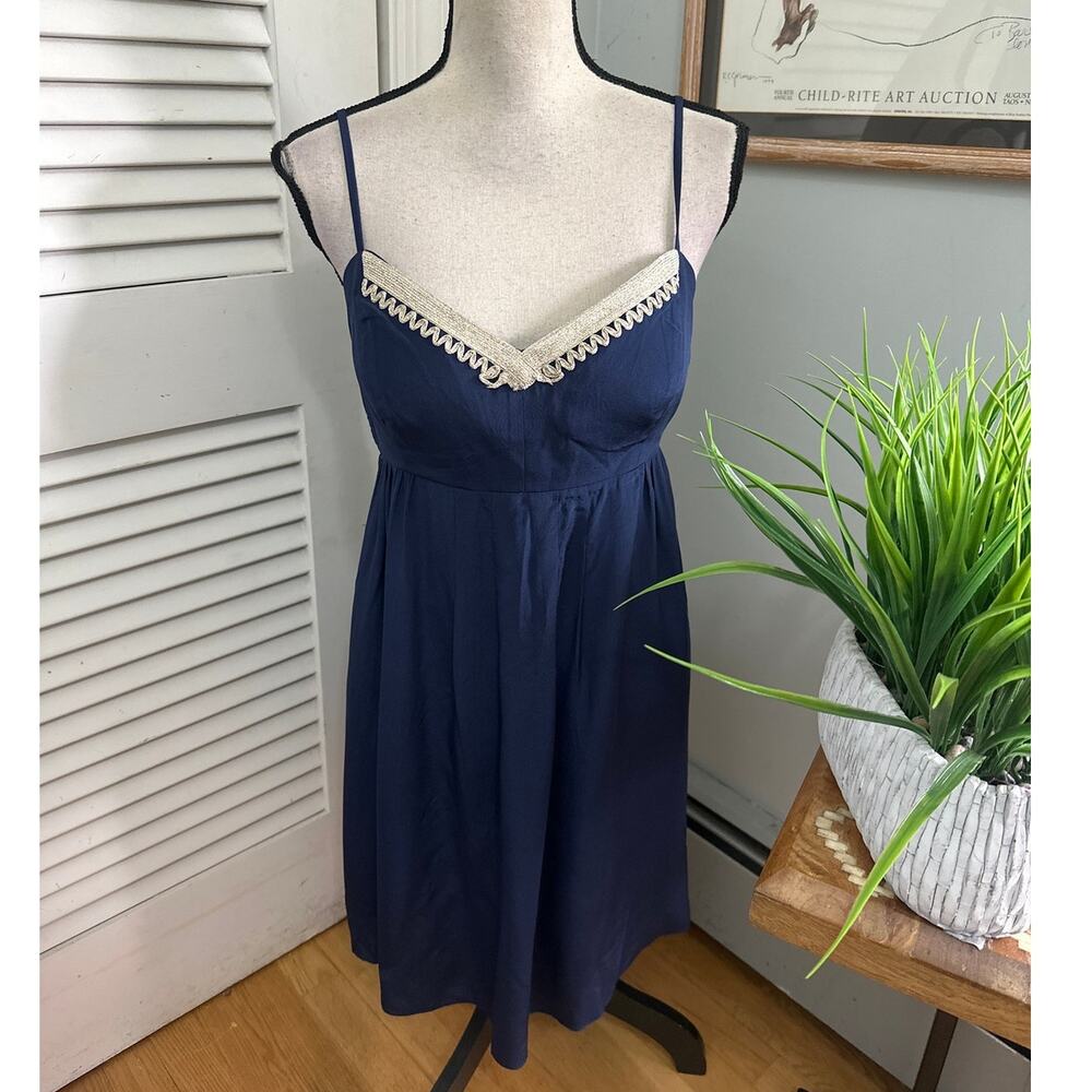 Lilly Pulitzer Dress 8 Blue Silk Strappy Babydoll Gold Trim Dainty Cocktail Twee